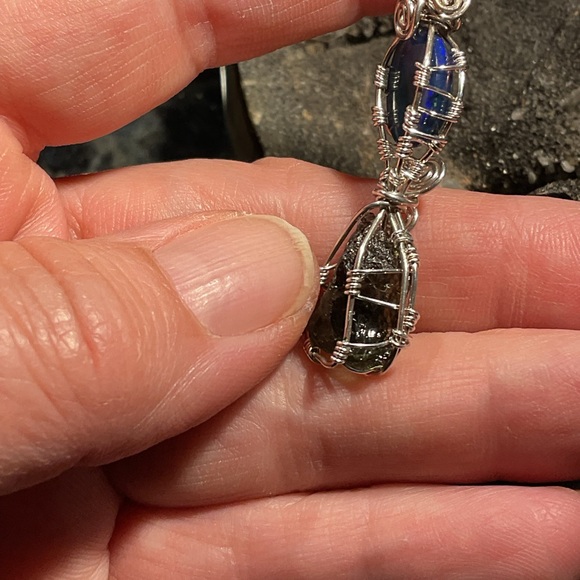 Black Opal and Moldavite.925 Silver Wirewrap Pendant